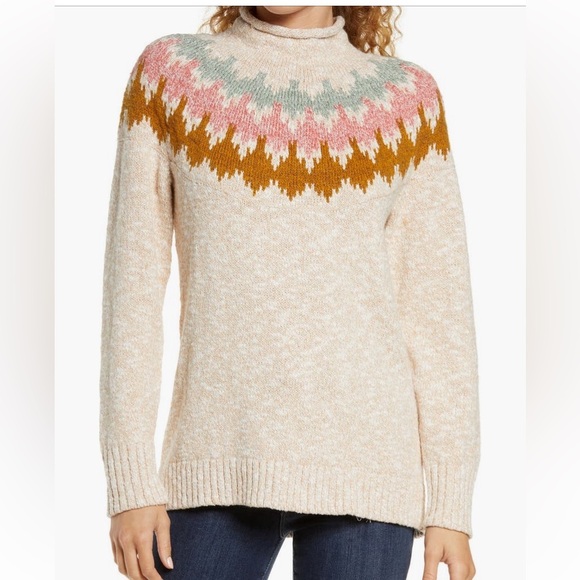 L.L.Bean Cotton Ragg Nordic Fair Isle Ski Funnel Neck Pullover Sweater Size M - Picture 1 of 9